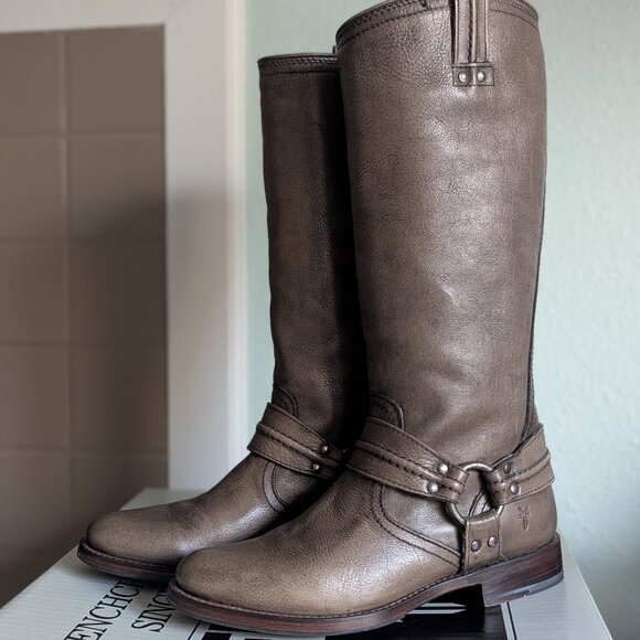 Frye Boots Size 7.5  Tall Maxine Trapunto Harness Gray All-Leather - Picture 1 of 16